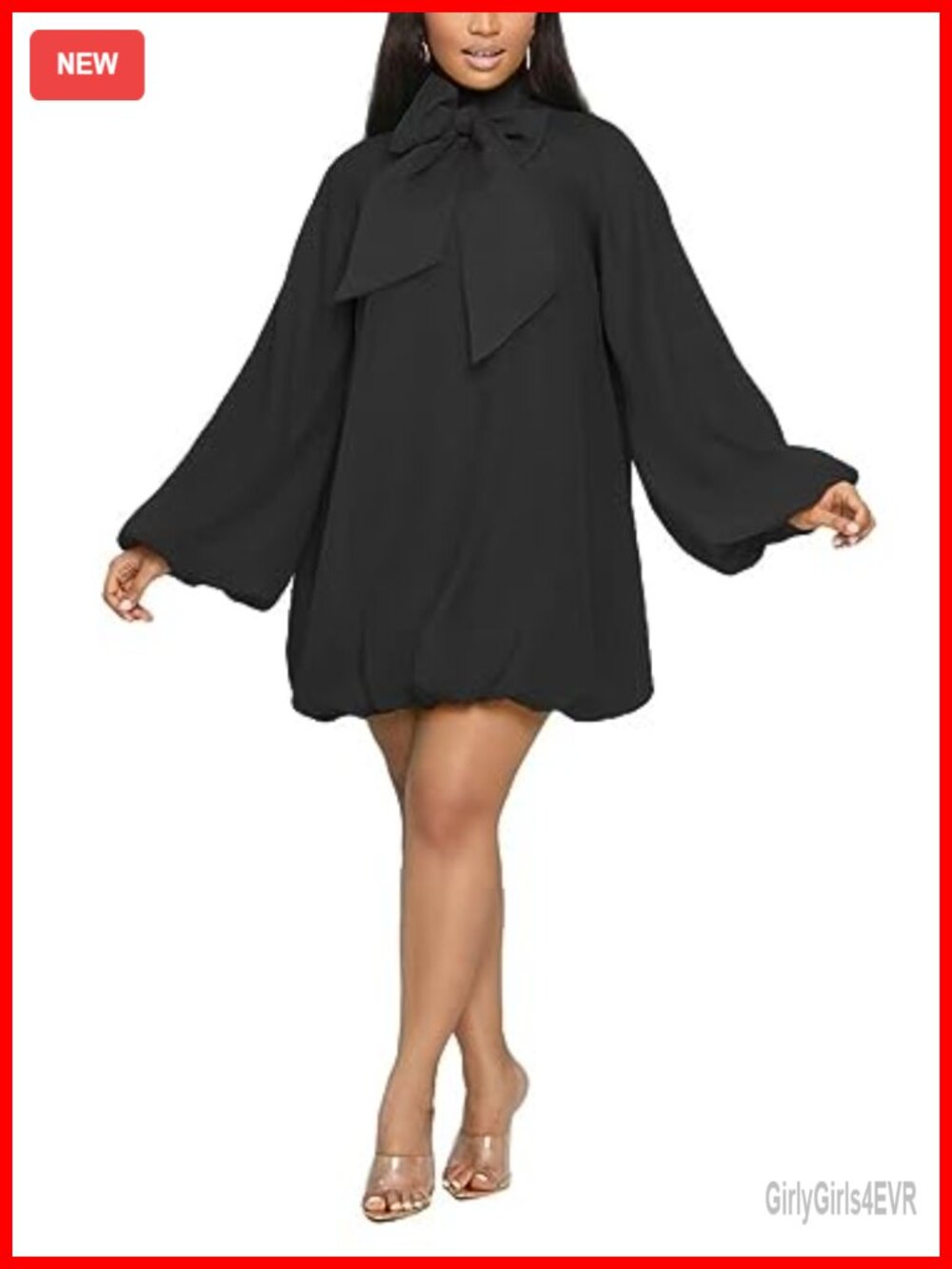 Yanfoam Women's Chiffon Mini Dress with Puff Sleeves, Bow, A-Line, Button Back,